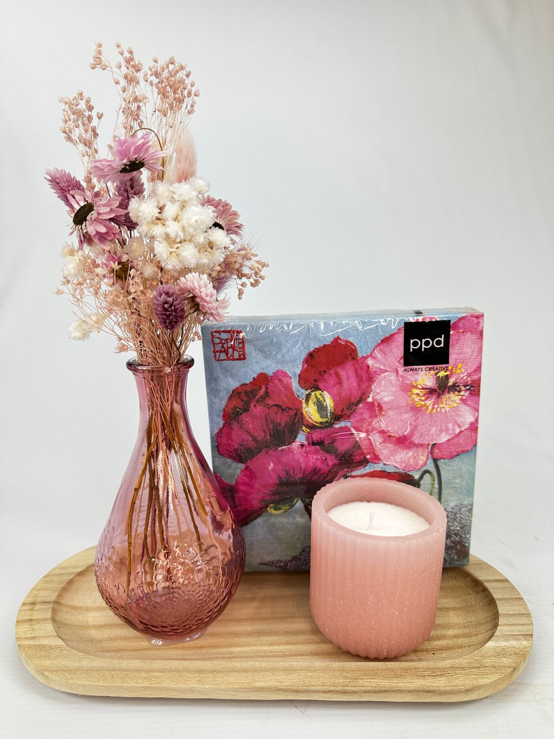 Cadeauset droogbloemen Roze glas
