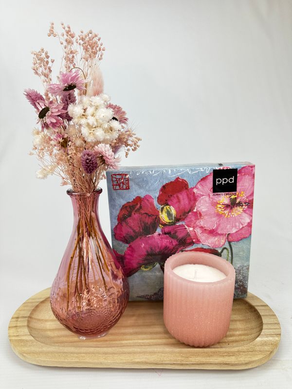 Cadeauset droogbloemen Roze glas