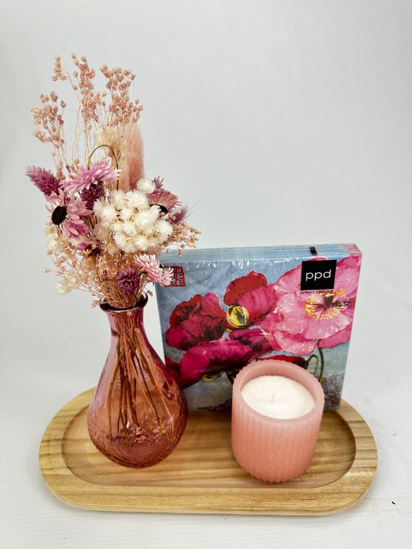 Cadeauset droogbloemen Roze glas