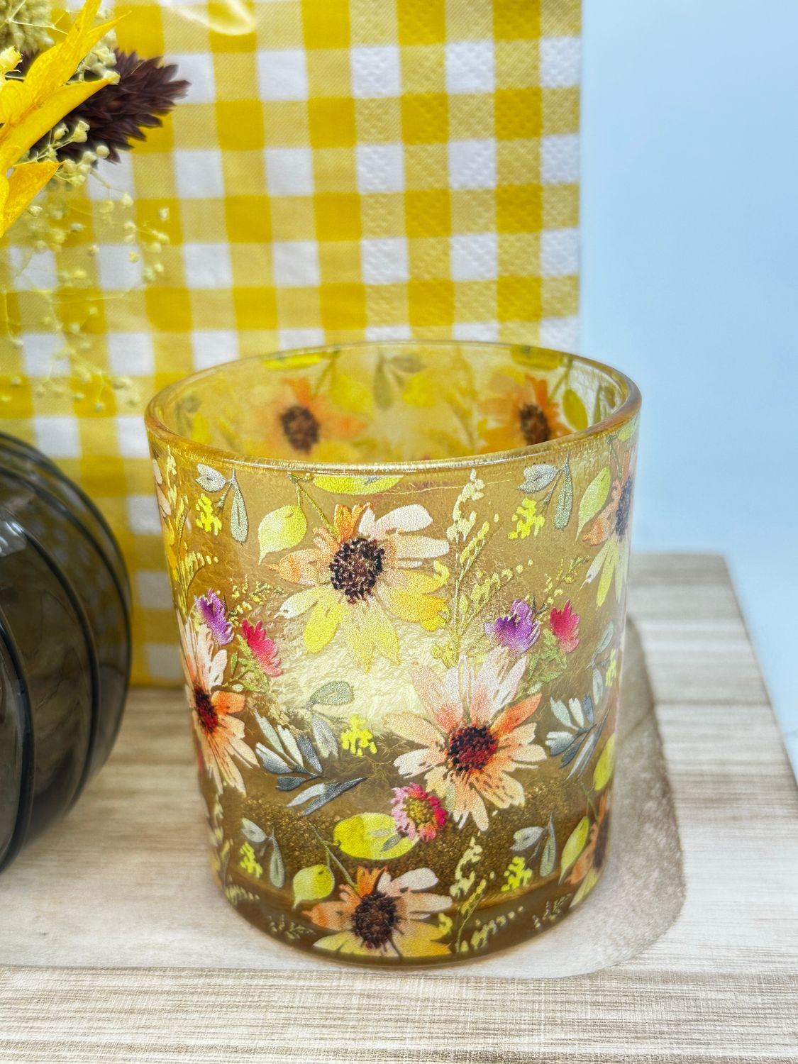 Cadeauset droogbloemen geel/bruin theelicht