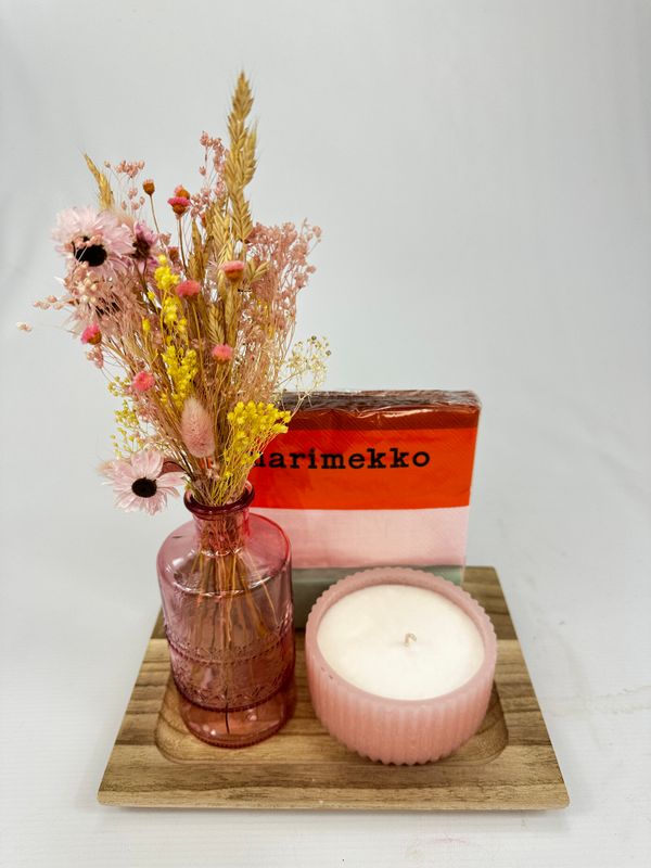 Cadeauset droogbloemen Roze/geel