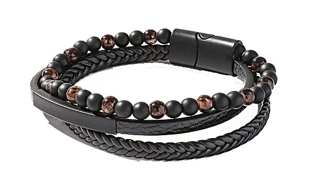 Leren armband met kralen | Zwart