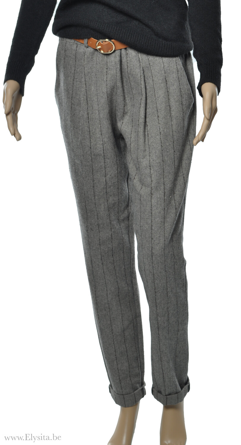 Wollen Broek Gestreept met Riem /Grijs