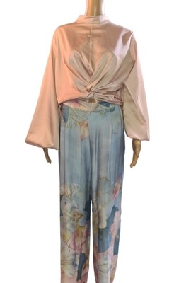 Bedrukte satijnen broek / Blauw-Roos