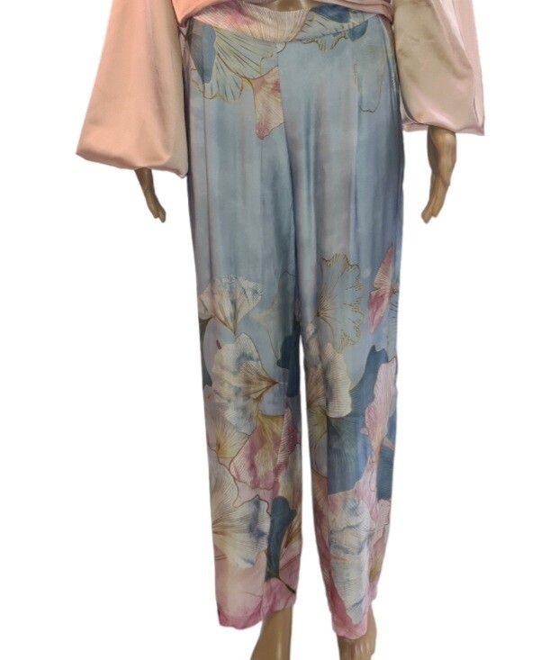 Bedrukte satijnen broek / Blauw-Roos