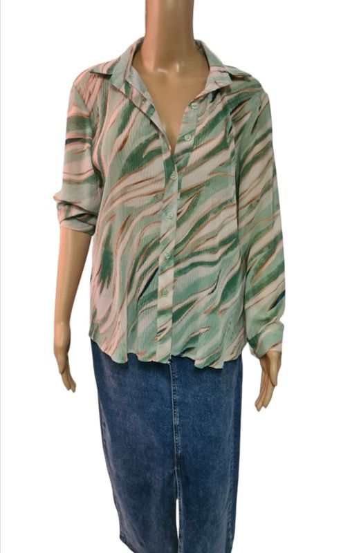 Bedrukte Tule Blouse / Beige-groen