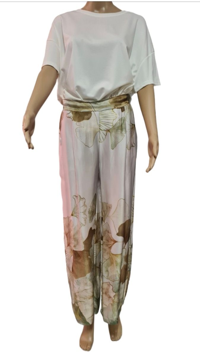 Bedrukte satijnen broek / Beige-Groen