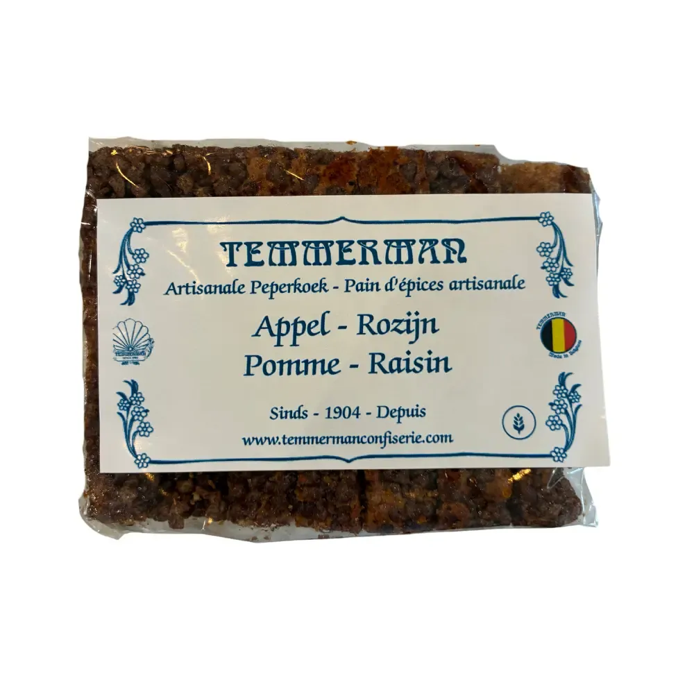 Temmerman apple raisin gingerbread, baked with honey and extra soft thanks to the fruit