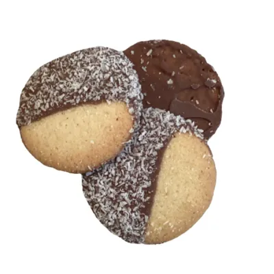 Chocotours de Temmerman, galleta crujiente cubierta en parte de chocolate belga y acabada con coco