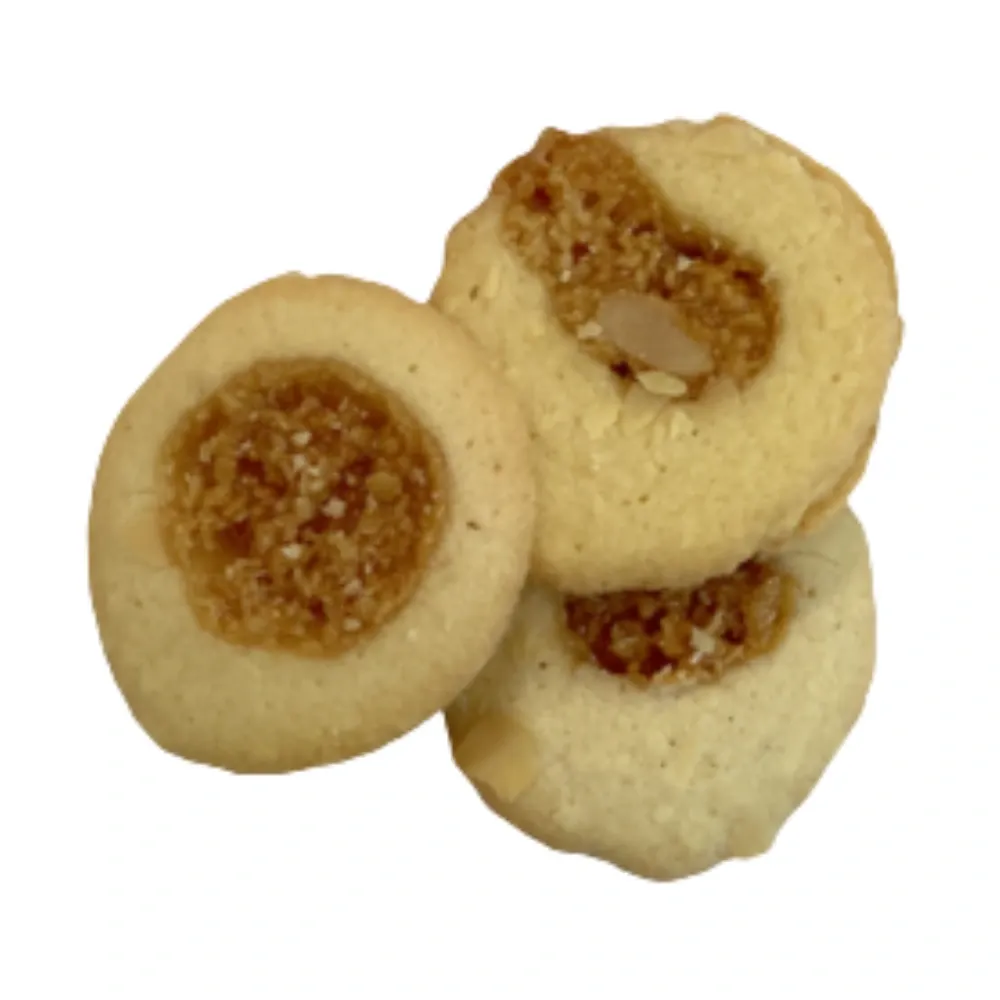 Temmerman Romia biscuits, crisp biscuit with caramelised almonds in the centre of the top