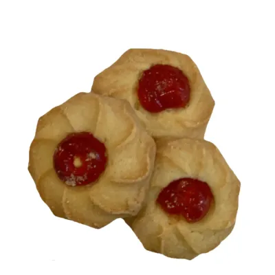 Temmerman bigaro, crumbly shortbread biscuit with a candied bigarreau cherry in the centre