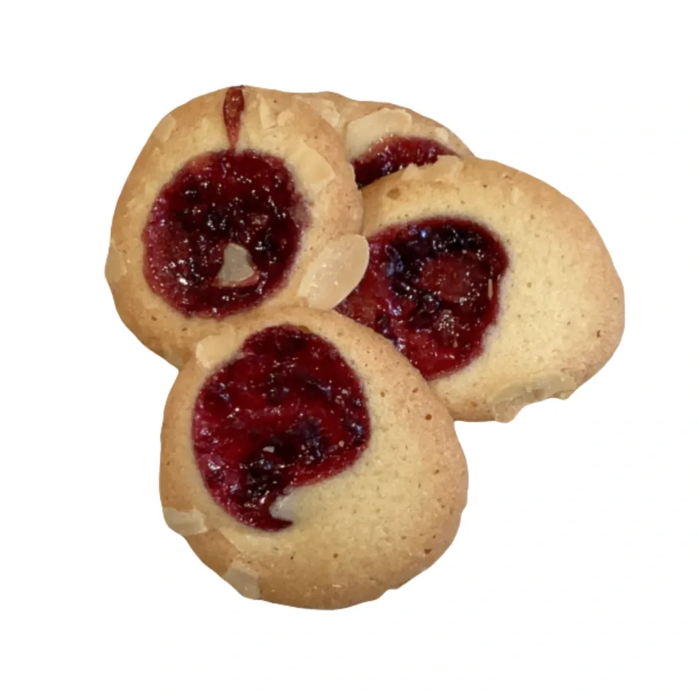 Temmerman forest fruit cookie, crisp biscuit with a forest fruit jelly in the centre