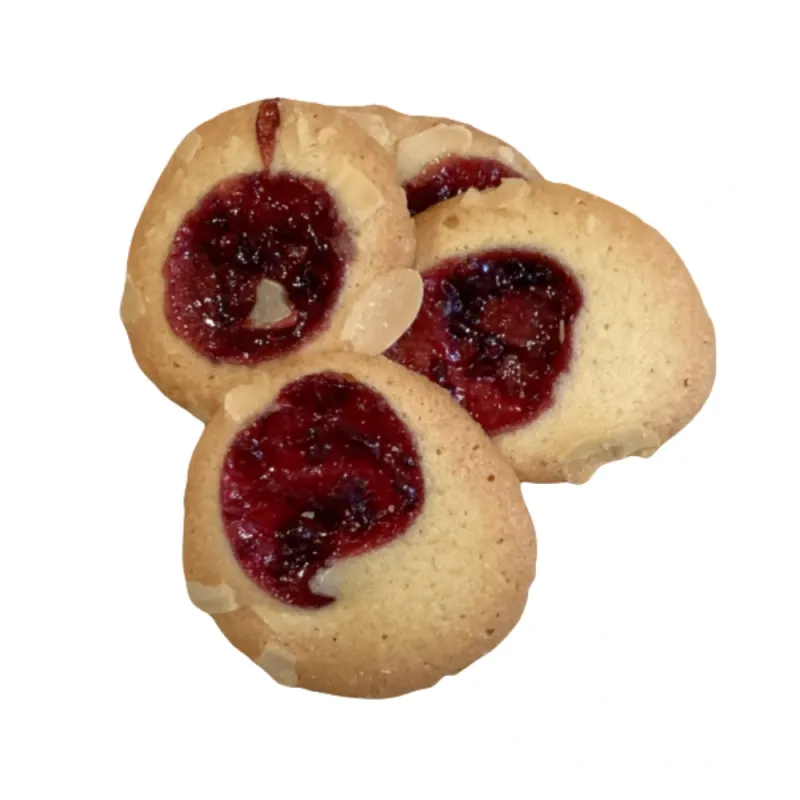 Temmerman forest fruit cookie, crisp biscuit with a forest fruit jelly in the centre