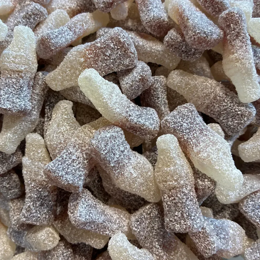 Temmerman sour cola bottles, brown soft gums shaped like a cola bottle with a sour cola flavour
