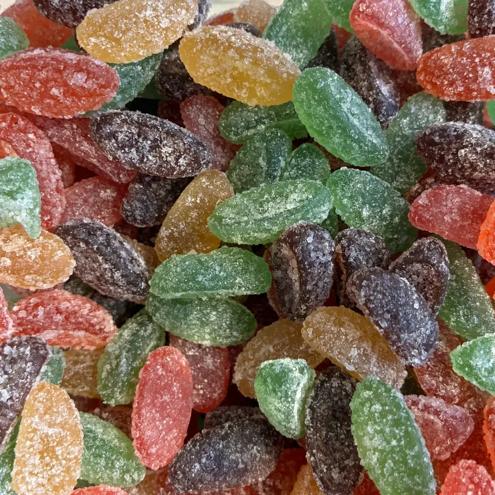 Temmerman pectoral mix, brown hard gums with fruit flavours in lozenge and globe shapes