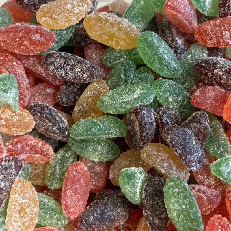 Temmerman pectoral mix, brown hard gums with fruit flavours in lozenge and globe shapes