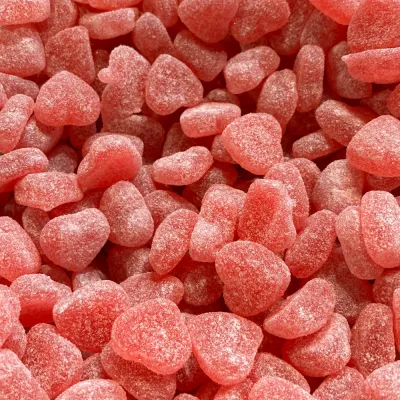Cœurs à la framboise de Temmerman, gommes tendres rouges en forme de cœur, enrobées de sucre
