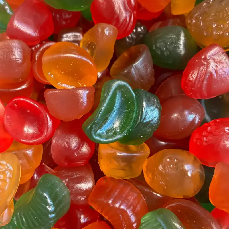 Temmerman macedonia fruit gums, a mixture of hard fruit gums in different colours and shapes