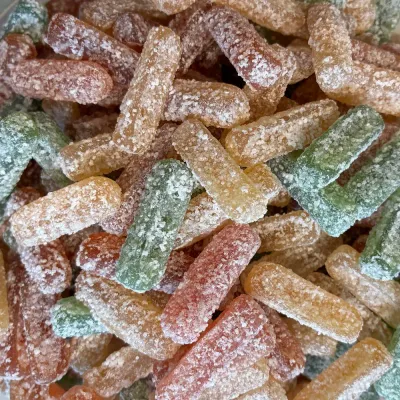 Temmerman sour sticks, hard gums in stick form with sour fruit flavours, in various colours