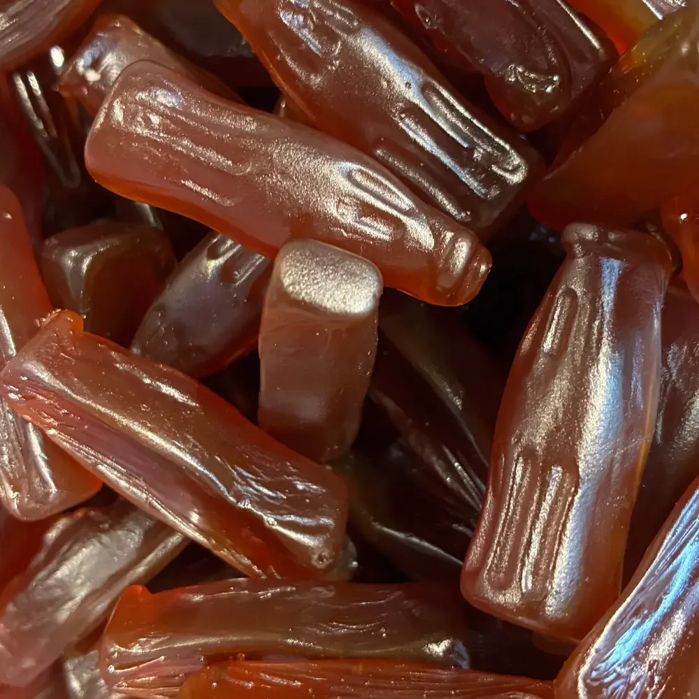 Temmerman hard cola candies, brown hard gums with cola flavour shaped like a cola bottle