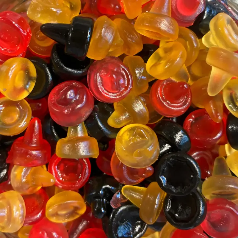 Temmerman drawing pins, tricolour hard gums shaped like a thumbtack, three flavours in one sweet