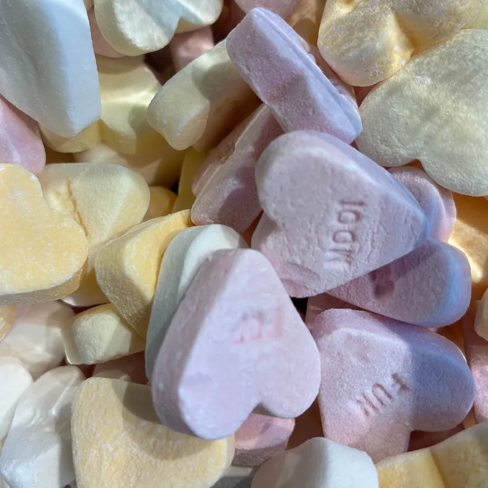 Temmerman fruit hearts, hard boiled sugar sweets in a heart shape with fruit flavours, pastel colours
