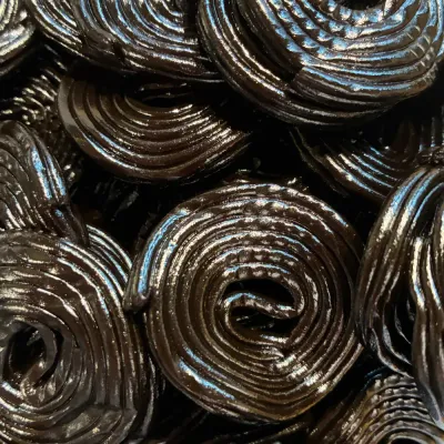 Temmerman licorice jojos, black soft liquorice gums rolled into coils, made with liquorice juice