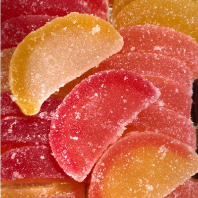 Pastilles d'agar-agar de Temmerman, tranches d'agrumes sucrées en rouge et jaune, artisanales et vegan