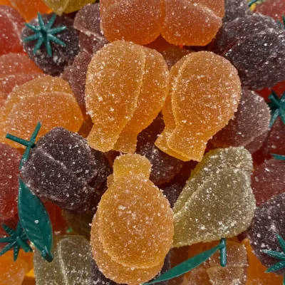 Pâtes de fruits assorties de Temmerman, moulées en miniatures de fruits, de couleurs et parfums variés