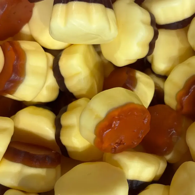 Temmerman caramel flan gums, yellow soft gums with caramel flan flavour, shaped like a tart