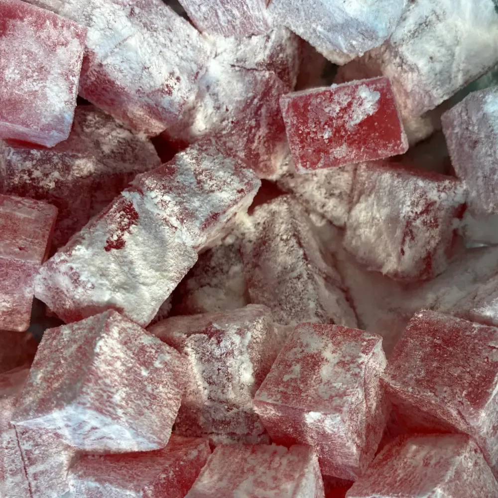 Temmerman rose Turkish delight, pink squares with rose water, finished with icing sugar
