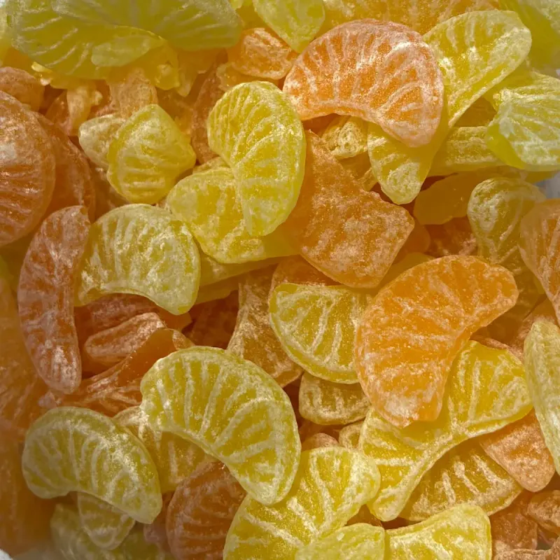 Temmerman hard citrus candies, yellow and orange hard boiled sweets shaped like citrus slices