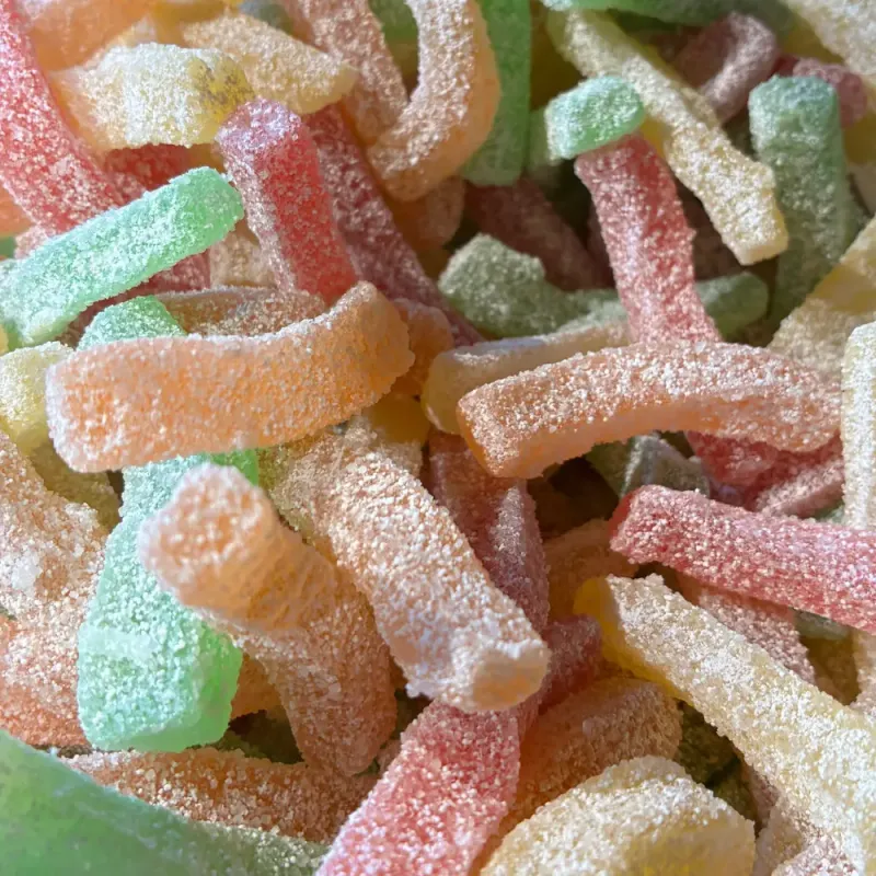 Temmerman sour fries, soft gum sticks with sour fruit flavours shaped like chips