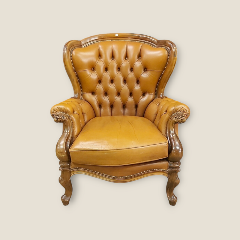 Italiaanse Cognac Lederen Barokstoel - Klassieke Vintage Stijl | Luxe Interieur