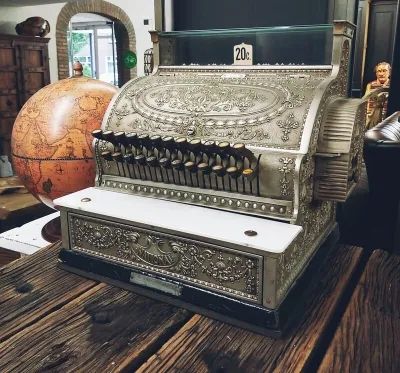 Antique Metal Cash Register with Detailed Engraving - Vintage Decorative Piece for Shop or Living Room
