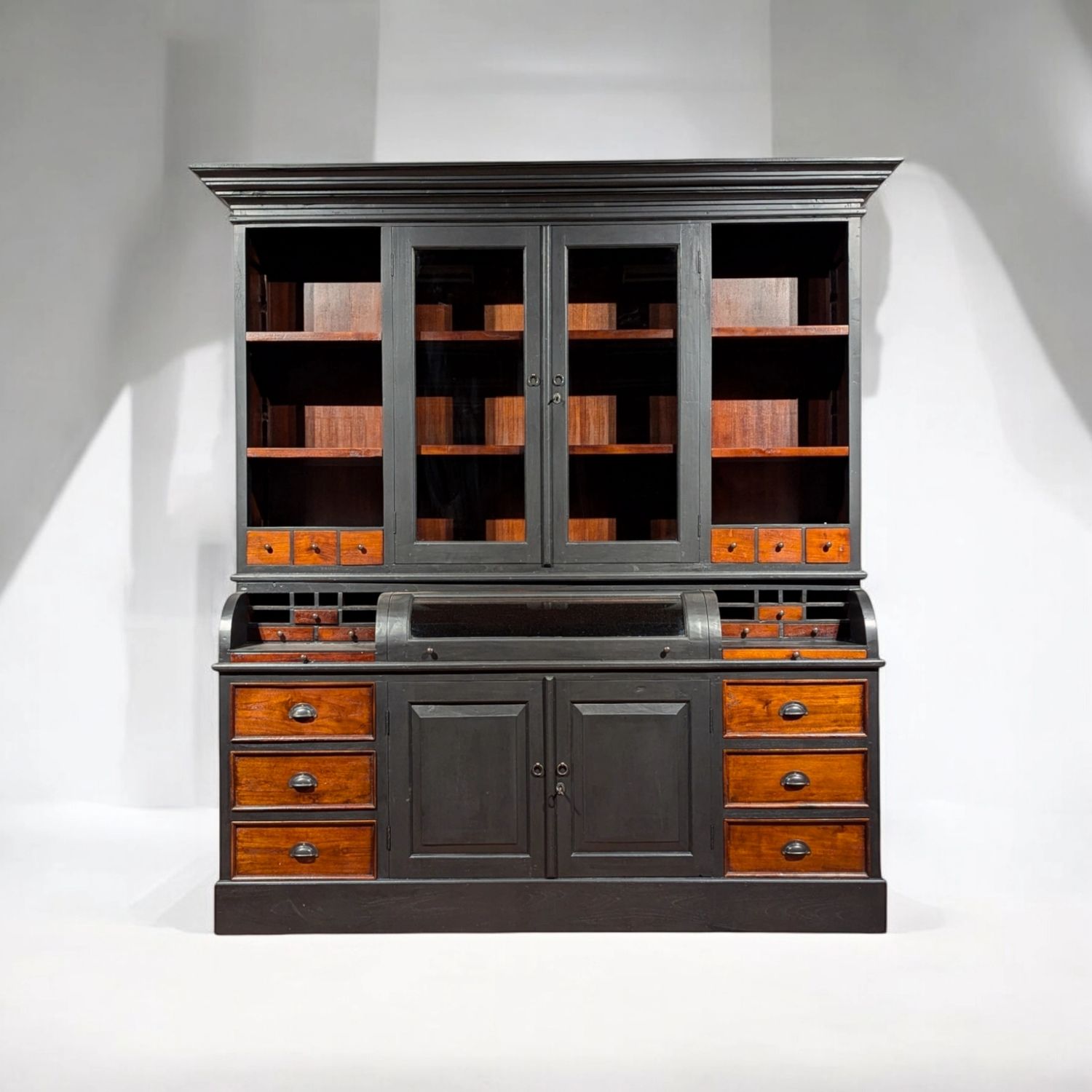Black vintage sideboard with glass doors and drawers - country-style grocer's cupboard, 204 cm wide
