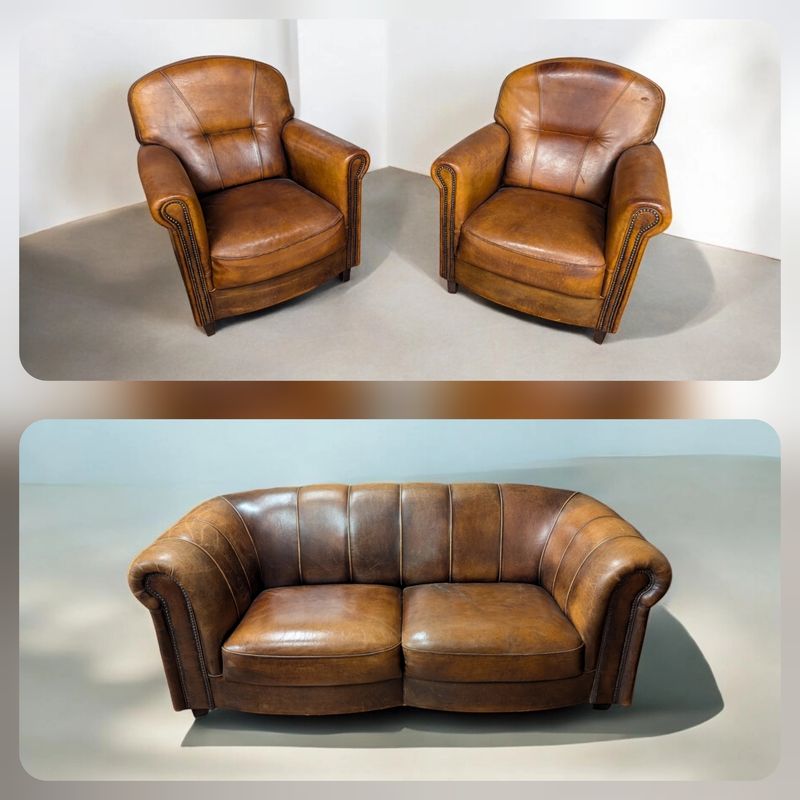 Complete Set Schapenleren Bank en 2 Fauteuils – Industrieel Vintage Zithoek van Echt Leder