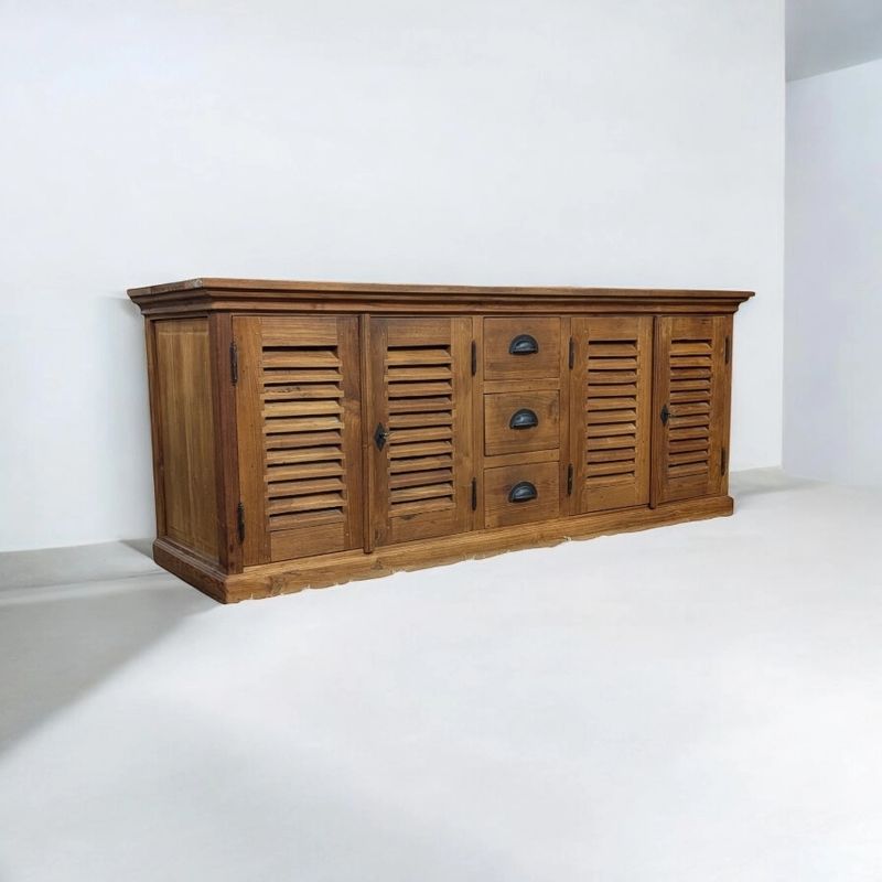 Teakhouten TV-Meubel met Louvre Deuren – Landelijke Stijl en Restyling Optie (H65 x B164 x D50)