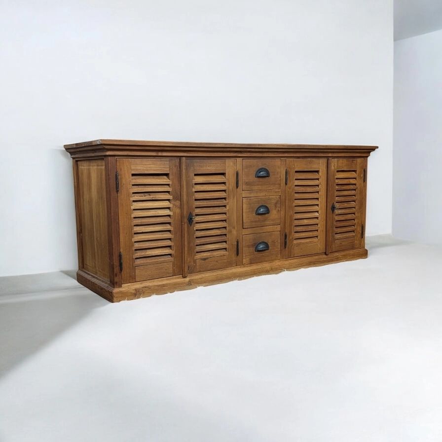 Teakhouten TV-Meubel met Louvre Deuren – Landelijke Stijl en Restyling Optie (H65 x B164 x D50)