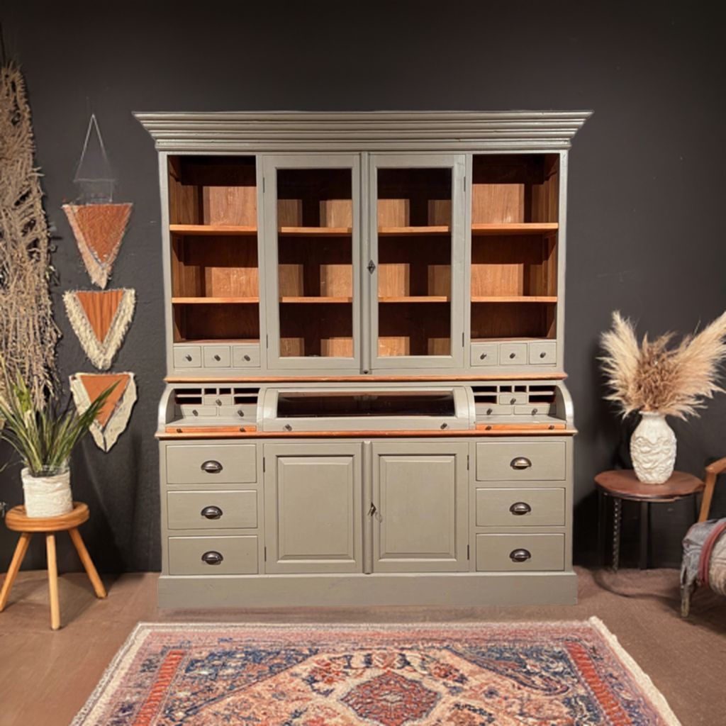 Beige Ledger Cabinet of Solid Teak - Large Buffet Cabinet Perfect for Your Interiors