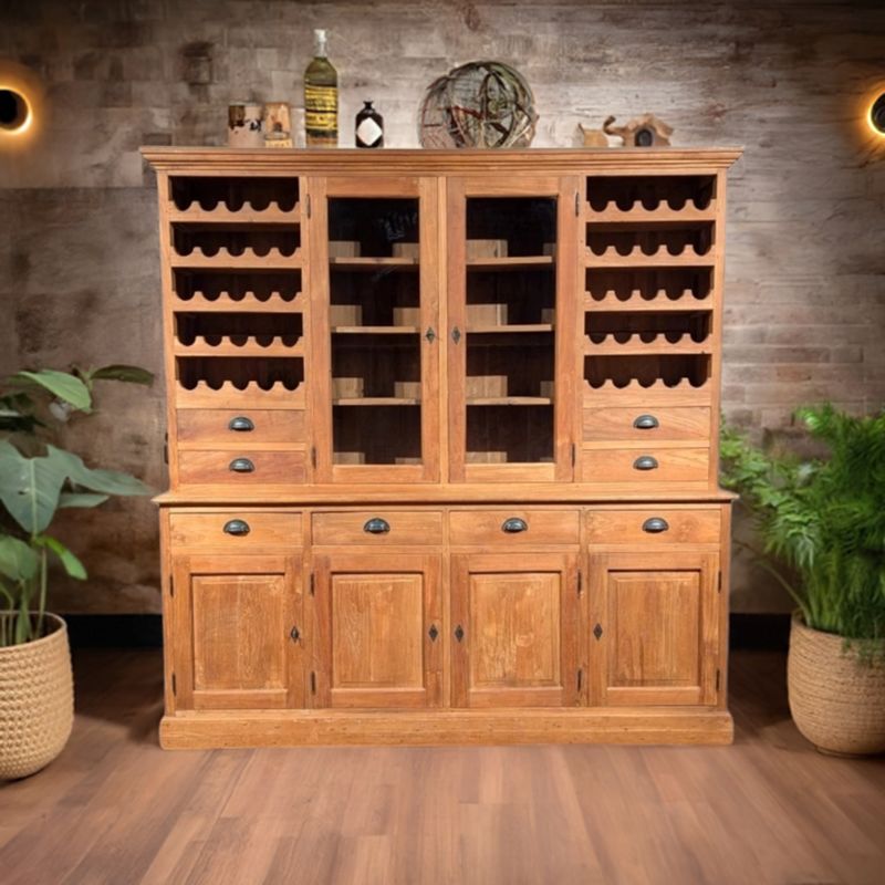 Robuuste Buffetkast van Teakhout met Wijnrek – 4-Deurs, Restyling Mogelijk