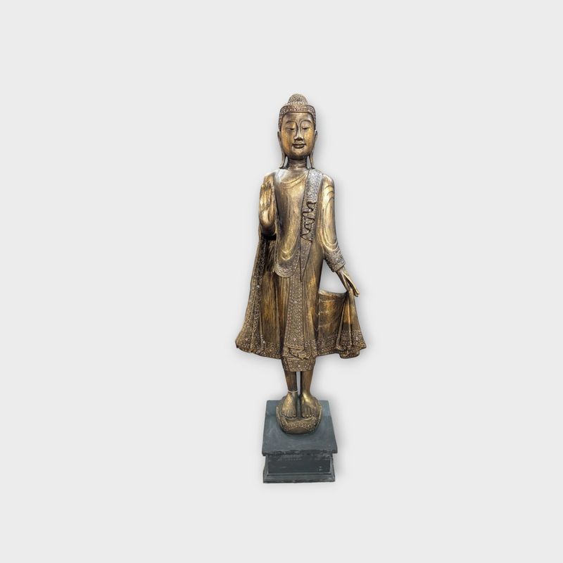 Bronzene Tempel-Buddha-Statue aus Thailand – handgefertigte und detaillierte Holzschnitzerei