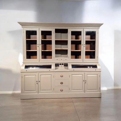 Large Grocer's Cupboard / Sideboard with convex glass flaps - Clay color and colonial teak wood