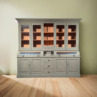 Grocer&#39;s cupboard / sideboard of teak with lime paint - hand-painted. Country cupboard,