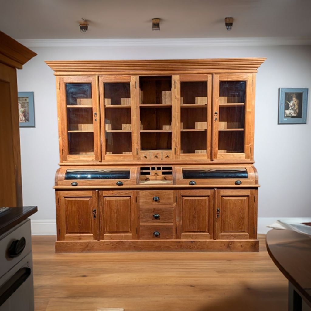 Large teak grocer&#39;s cupboard with glass display doors and 2 convex glass flaps 