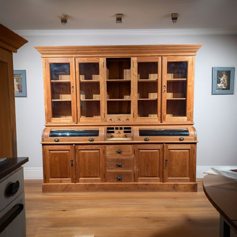 Large teak grocer's cupboard with glass display doors and 2 convex glass flaps 