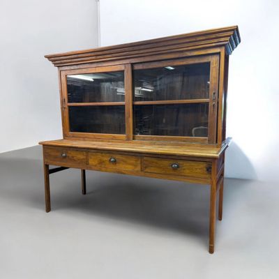 Antique Teak French Baker&#39;s Cabinet with Desk - Custom Display Cabinet &amp; Shop Cabinet - Home Furnishing Store 