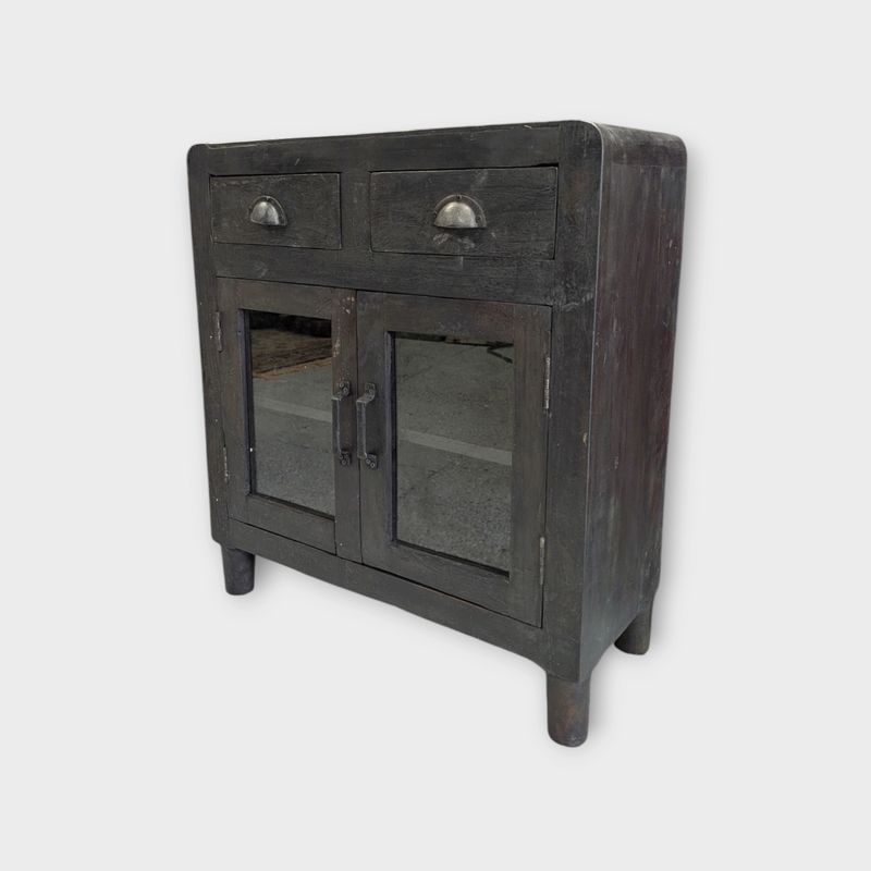 Zwart houten kastje met lades en glasdeuren H77 x B68 cm