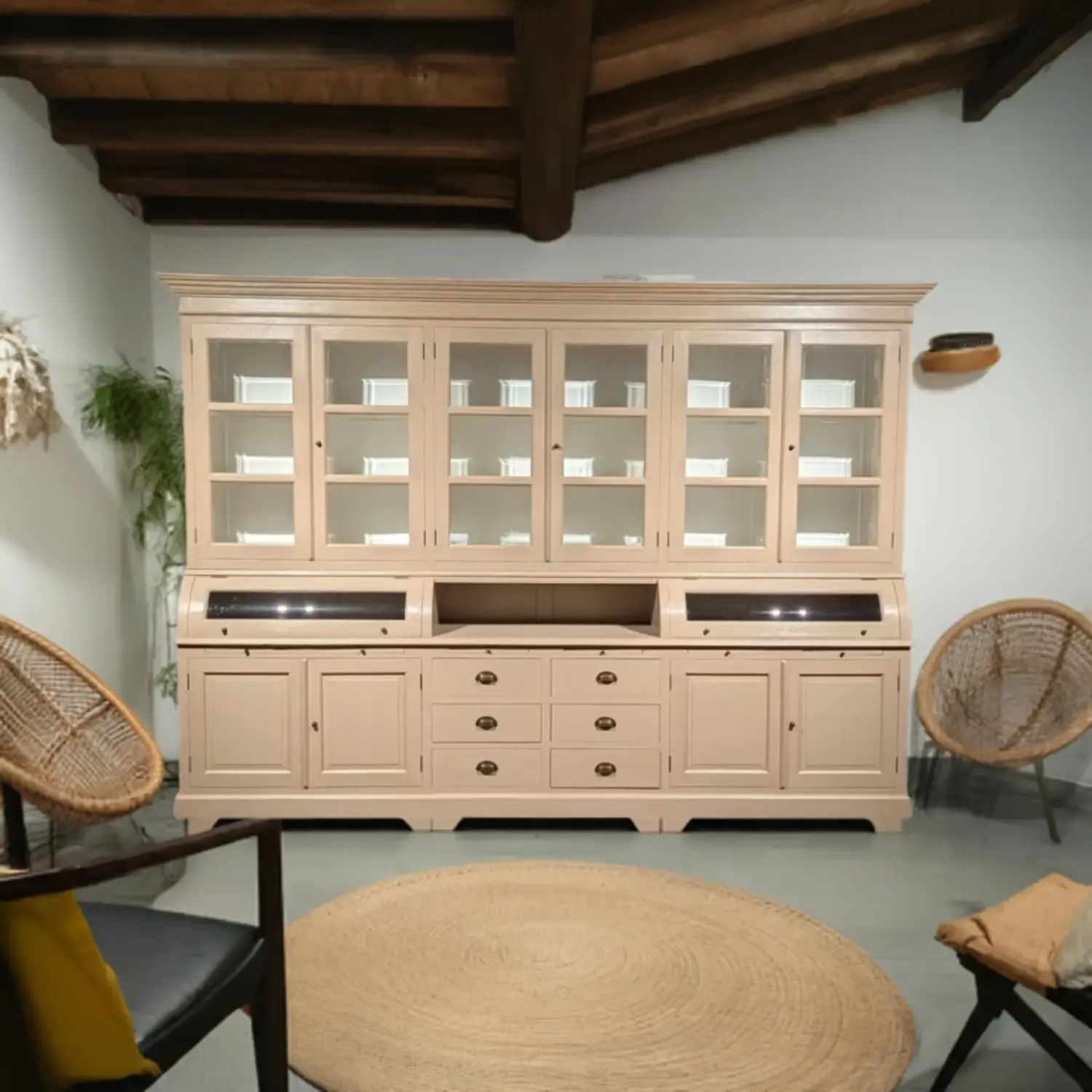 Rural teak grocer&#39;s cupboard with display doors and drawers - sideboard 318 cm wide - Home furnishings store ff iets anders i