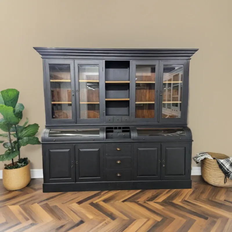 Black wooden sideboard with glass doors and convex glass and drawers in country style - stylish sideboard for kitchen or w